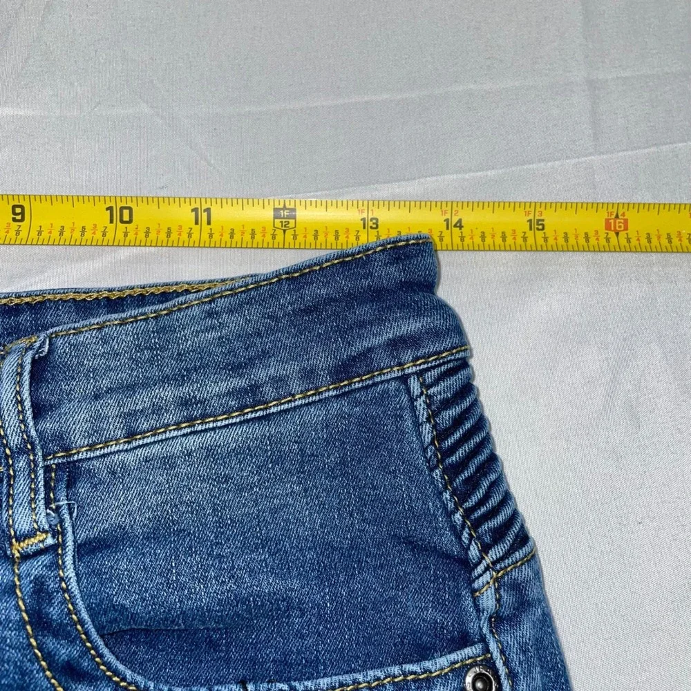 Mens Blue Moto Biker Jeans Slim Fit Ribbed Knee Zipper Detail Size 28x30